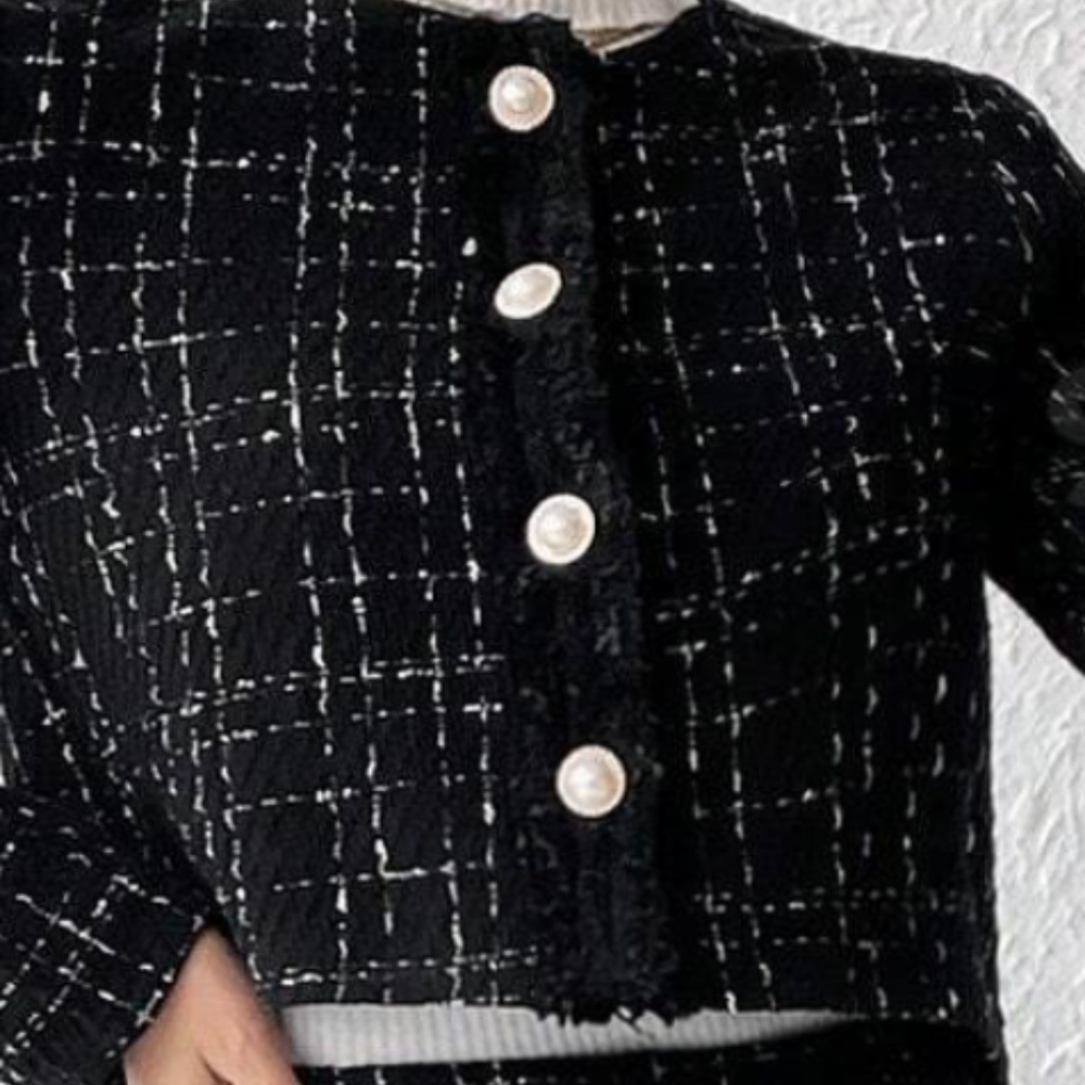 Classic Tweed Button Crop Jacket Midi Frayed Hem Skirt Set - Picture 8 of 10